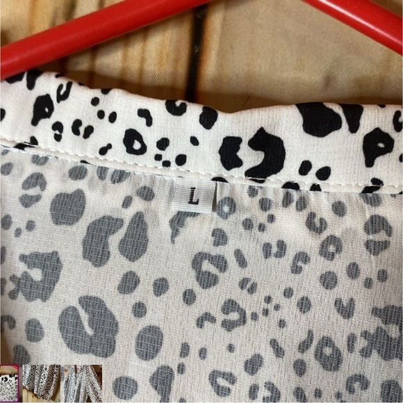 White and Black Button Down Shirt with Mandarin Collar - Picture 3 of 4